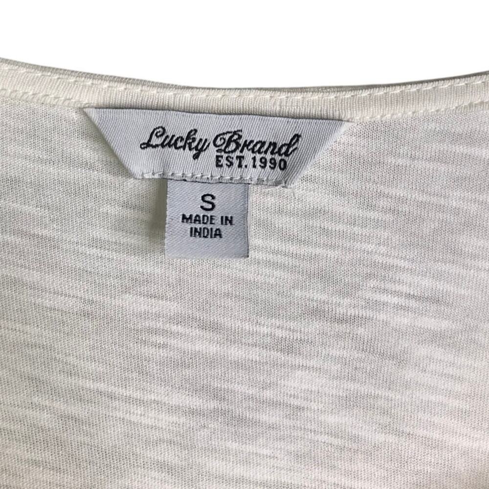 Lucky Brand Top Womens Size Small White Boat Neck Elbow Length Sleeve Lace Front - Picture 2 of 6